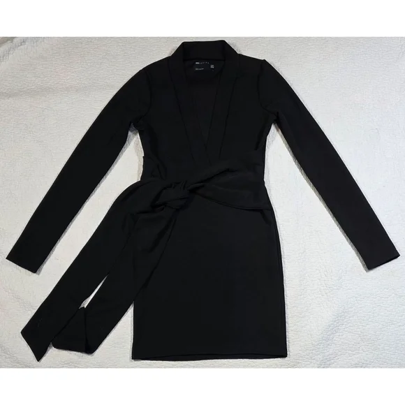 ASOS DESIGN Black Long Sleeve V Neck Mini Dress with Tie Belt in - Picture 3 of 12